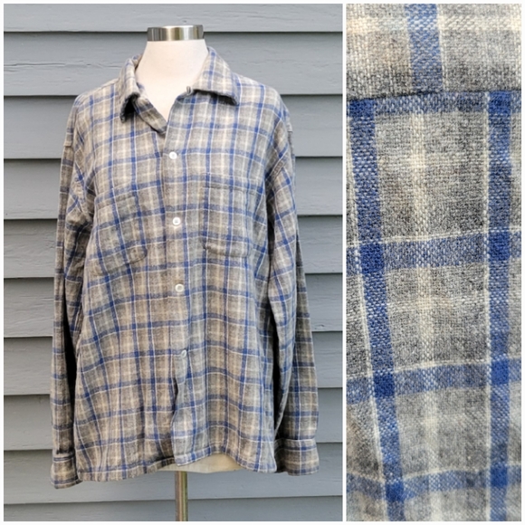 Vintage 60s Van Heusen Wool Board Shirt White Blue and Gray Plaid Surf Shirt - Picture 1 of 7